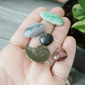 5 piece crystal gemstone set, amazonite ammonite rhodonite sodalite & moss agate